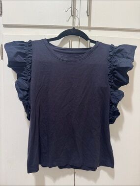 Women's Navy Ruffle Sleeve Cotton Top